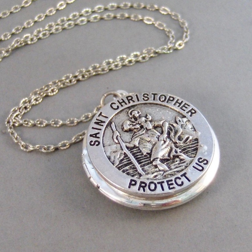 Saint Christopher Locket Necklace Jewelry silver antique handmade keepsake